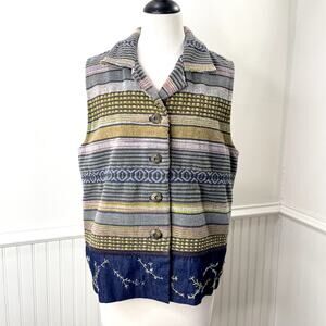 Ivy Size S Tapestry Vest Woven Vtg Striped Southwest Cottage Embroidered Beaded